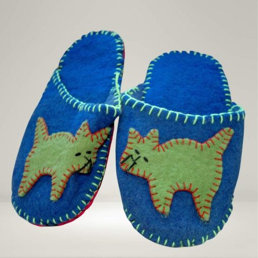 Kids felt slippers Fair Trade cat design Blue
