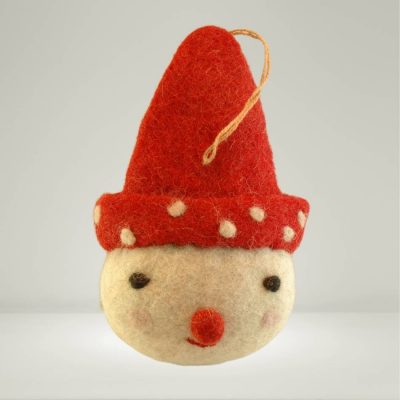 Fair Trade holiday ornament handmade felt wool snow elf cute red hat